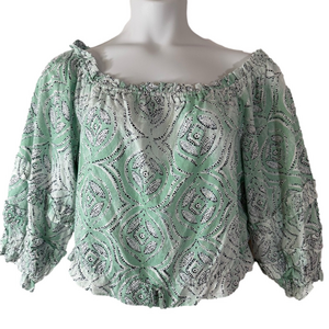 LC Lauren Conrad Mint Green White Patterned Off Shoulder Blouse SKU0404